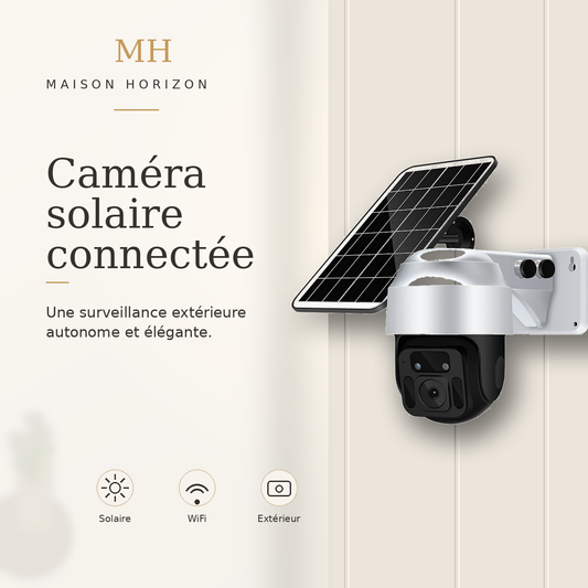 Caméra solaire connectée Maison Horizon sur fond beige premium
