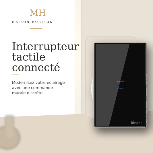 Interrupteur tactile connecté Maison Horizon sur fond beige premium
