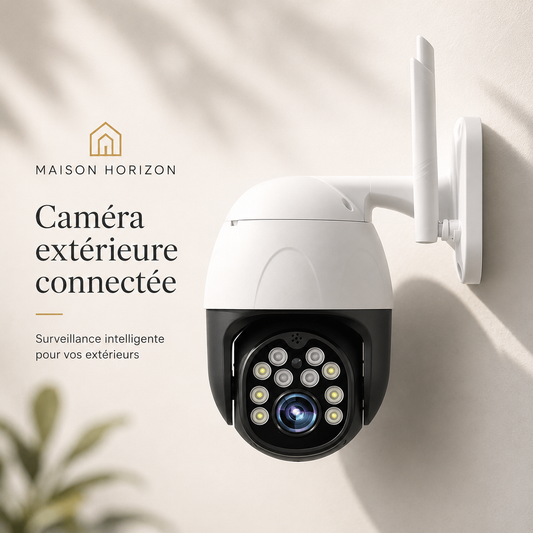 Caméra extérieure connectée Maison Horizon sur fond beige premium