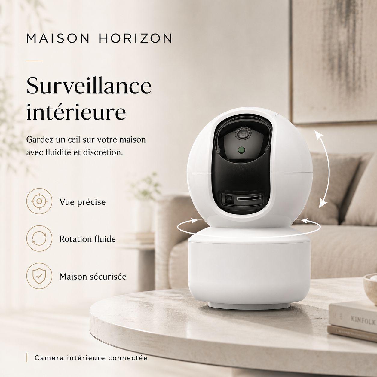 Caméra intérieure connectée Maison Horizon sur fond beige premium