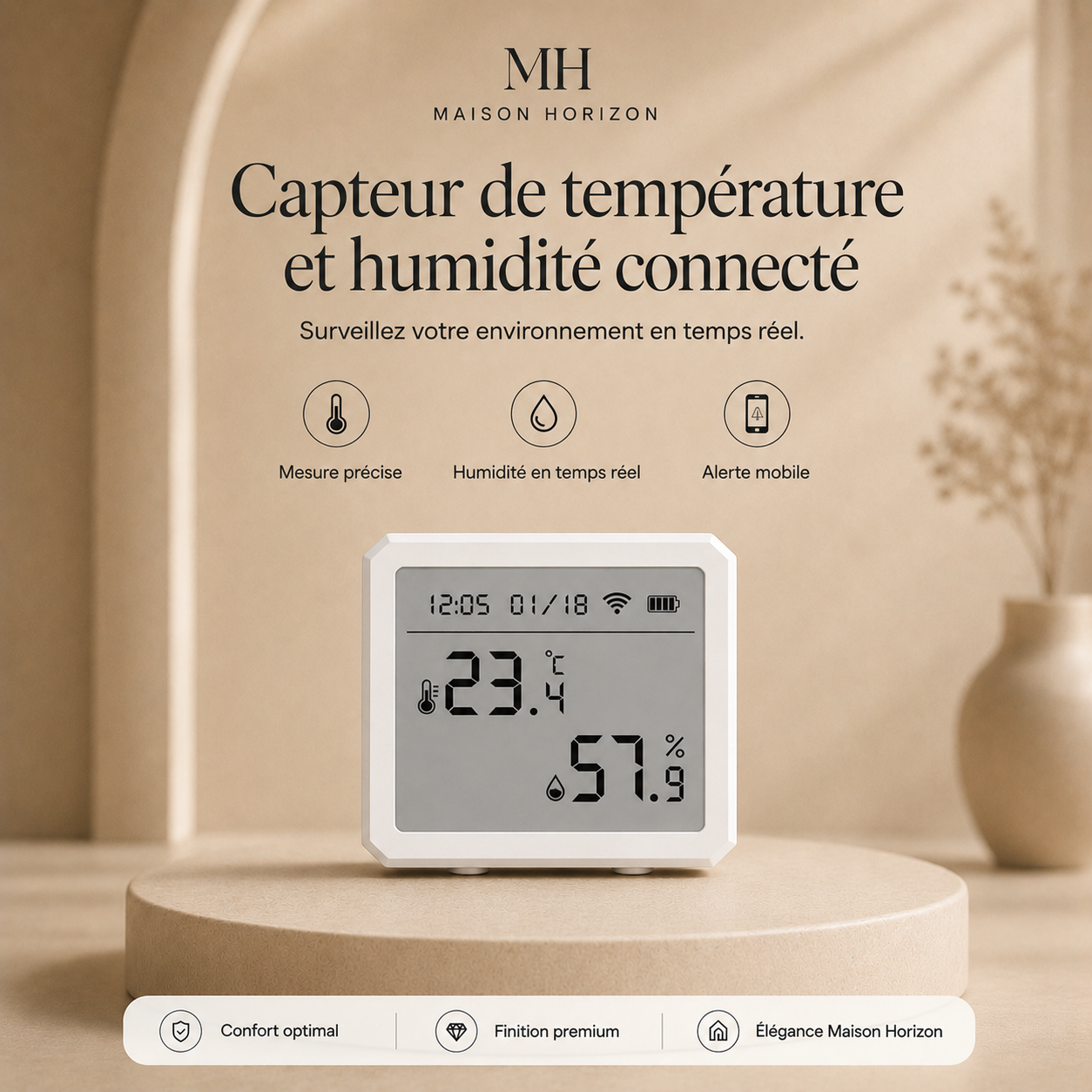 Capteur température et humidité Maison Horizon visuel publicitaire premium