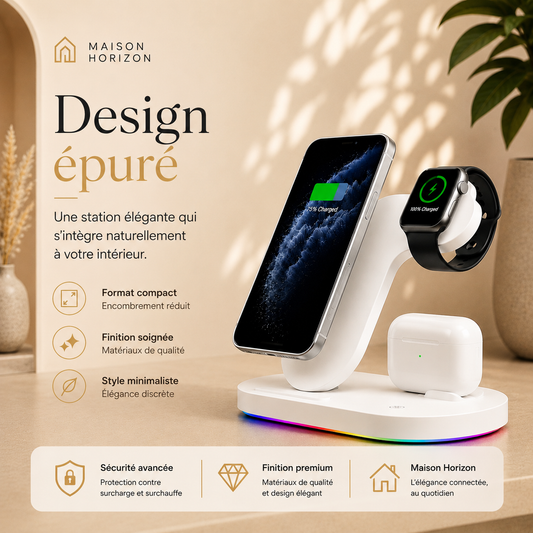 Station de charge sans fil 3-en-1 Maison Horizon visuel premium bandeau clair