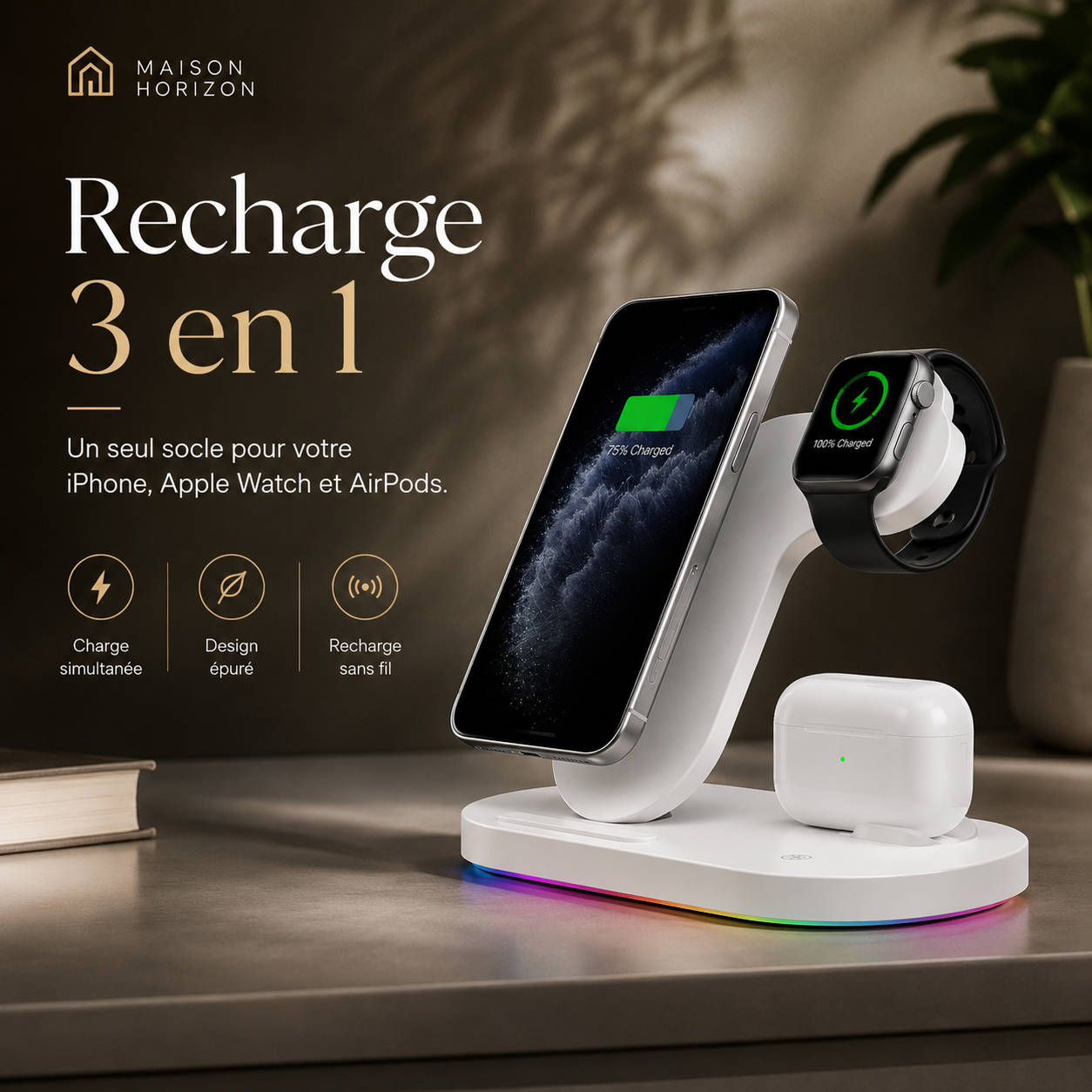 Station de charge Maison Horizon sur fond beige premium