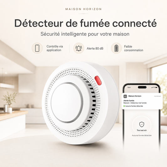 Détecteur de fumée connecté Maison Horizon sur fond beige premium