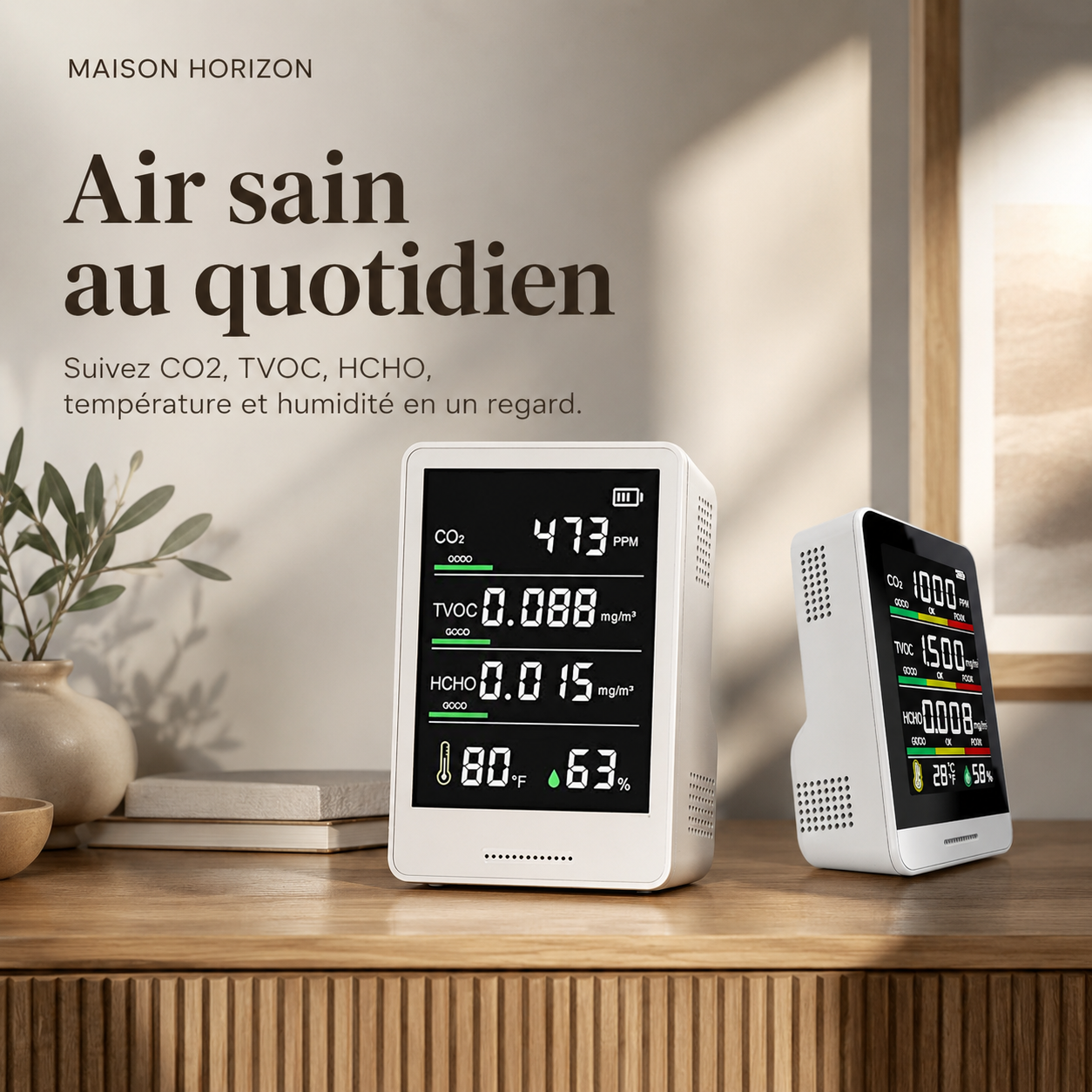 Moniteur connecté de qualité de l’air Maison Horizon sur fond beige premium