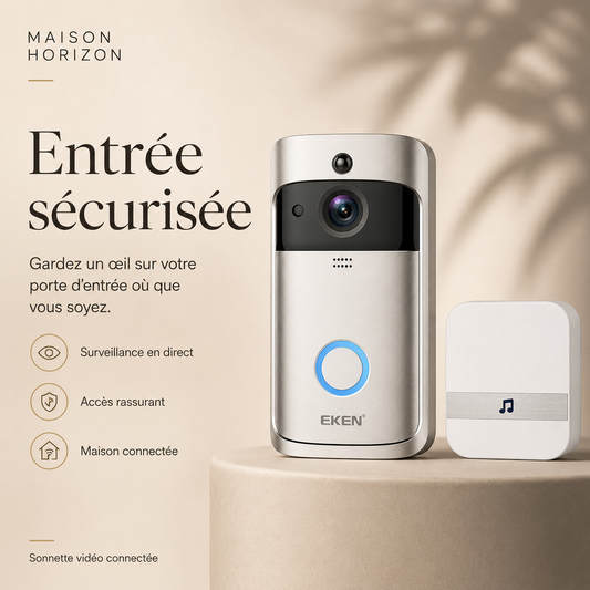 Sonnette vidéo connectée Maison Horizon sur fond beige premium