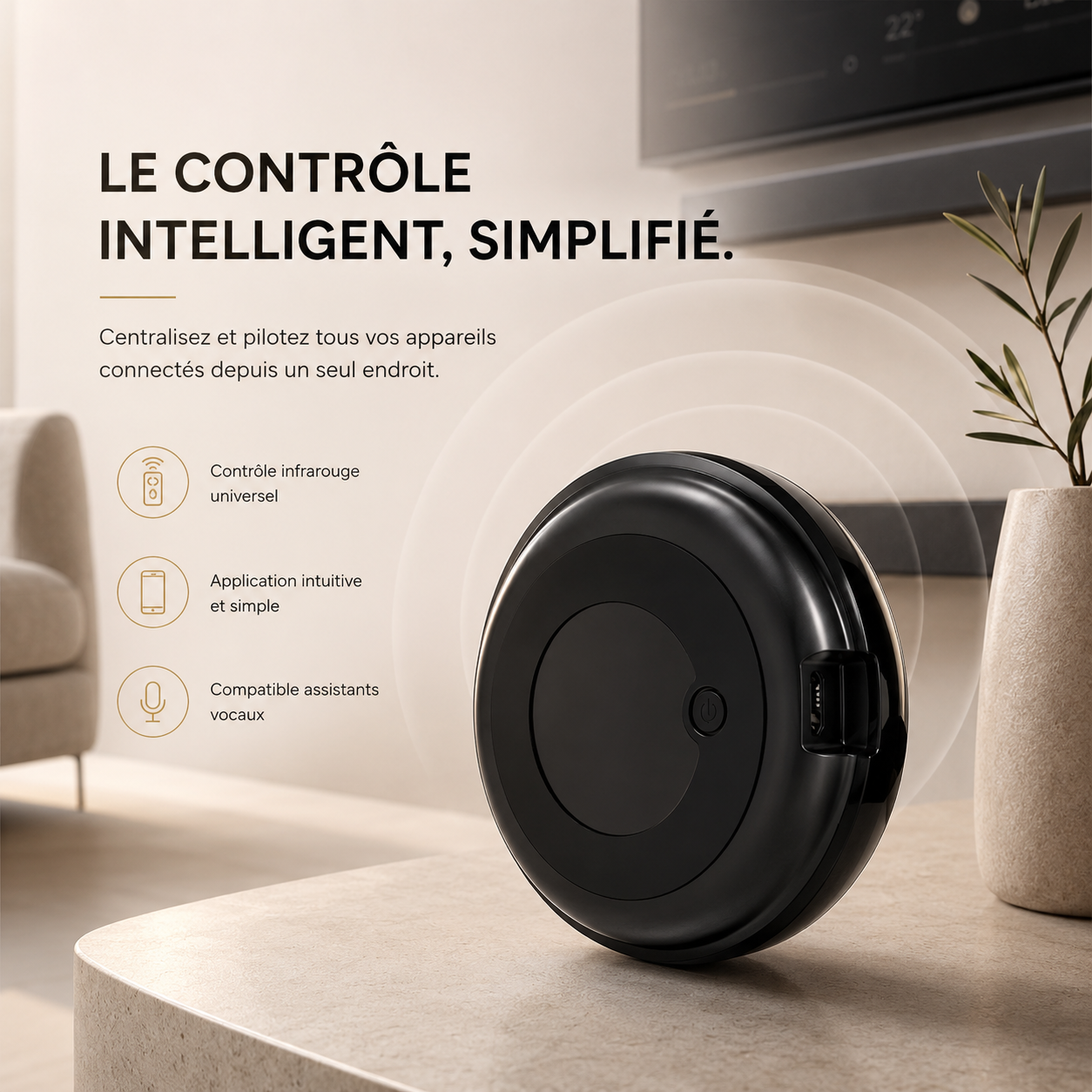 Télécommande infrarouge universelle Maison Horizon sur fond beige premium
