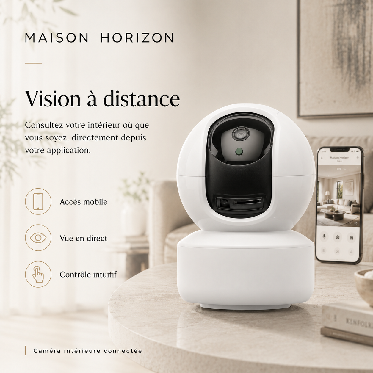 Caméra intérieure Maison Horizon posée dans un intérieur moderne