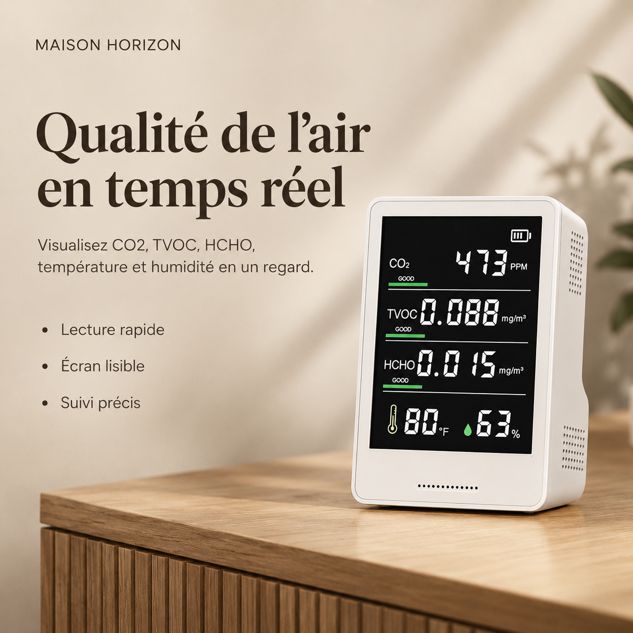 Moniteur qualité de l’air Maison Horizon posé dans un intérieur moderne