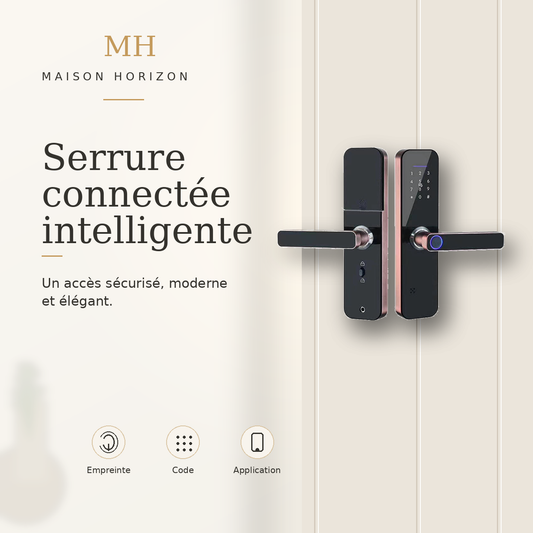 Serrure connectée Maison Horizon sur fond beige premium